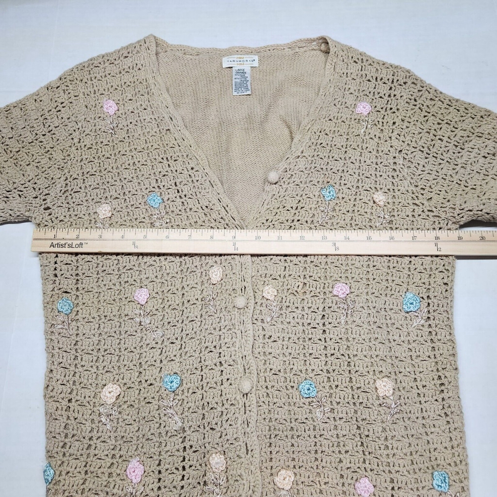 70's Granny Grandma Open Knit Crochet Brown Cardigan Size Large Flowers - Picture 4 of 7